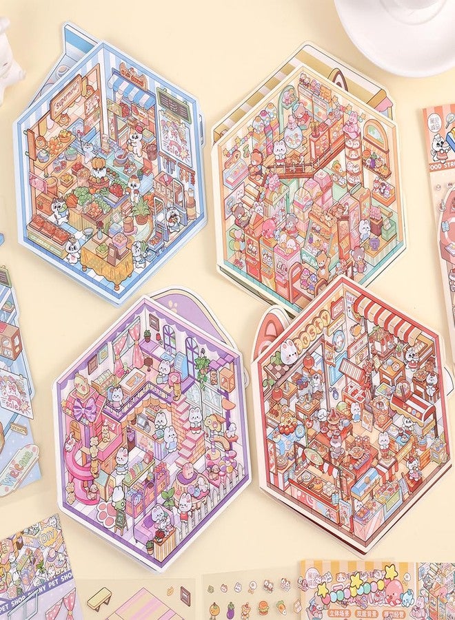 ICCEEMEE 4 Sets 3D Miniature Scene Stickers, DIY Diorama Stickers Bunny Pet Shop Midnight Food Street Kitty Market Furry Paw House for Adults & Kids Stress Relief Fun Pastime - Image 4